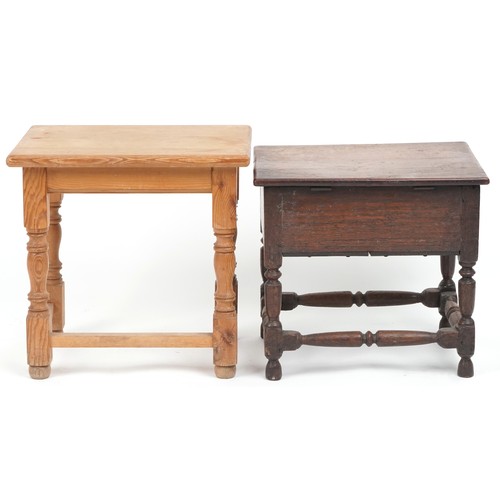 1078 - Antique carved oak work table and a pine occasional table, the largest 43cm high