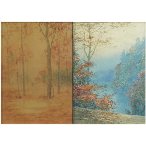 299 - Woodland and Water Through Trees, pair of early 20th century Japanese school watercolours, each fram... 