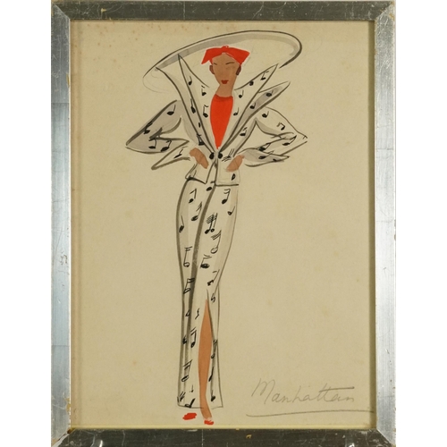 1161 - Dress design, Art Deco ink and watercolour inscribed Manhattan, framed and glazed, 25cm x 18.5cm exc... 