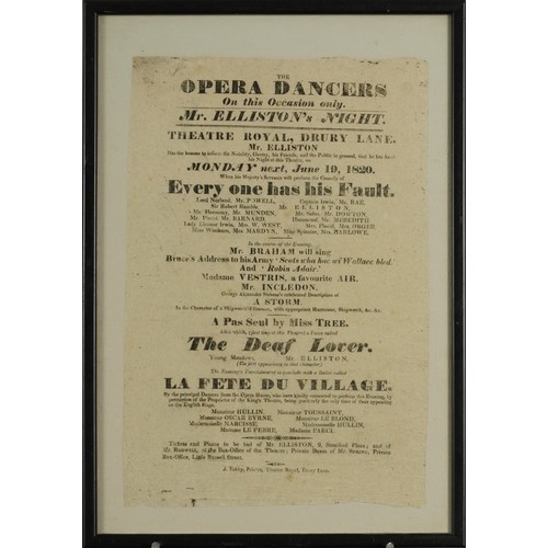 1505 - Early 19th century opera dancers poster printed J Tabby Printer, Theatre Royal Drury Lane, framed an... 