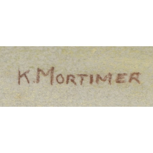 56 - K Mortimer - Cattle before farm buildings, coloured chalks, framed and glazed, 51.5cm x 35cm excludi... 