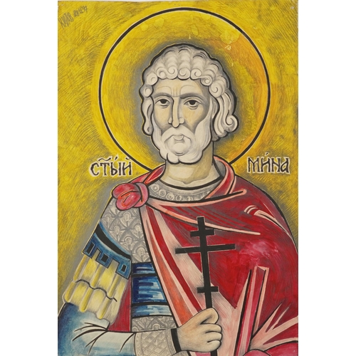 1352 - The Great Martyr of Egypt, Russian Orthodox ink and watercolour onto card, indistinctly signed, unfr... 