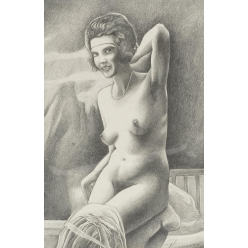 1181 - Pair of nude females, Russian pin up school pencil drawings, each signed in Cyrillic, unframed, each... 