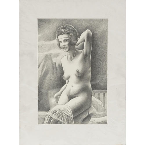 1181 - Pair of nude females, Russian pin up school pencil drawings, each signed in Cyrillic, unframed, each... 