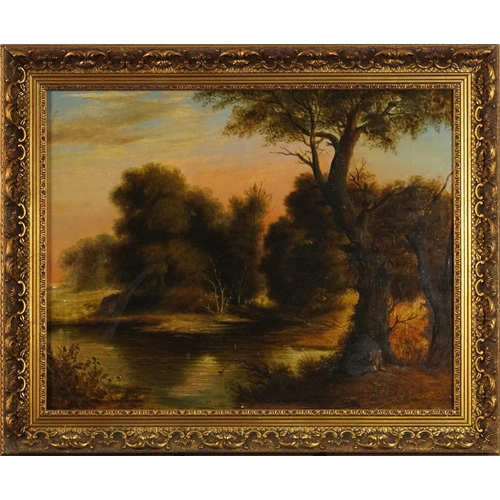 87 - Attributed to Francois Grenier - Huntsman and fisherman beside a lake, antique oil on wood panel, in... 