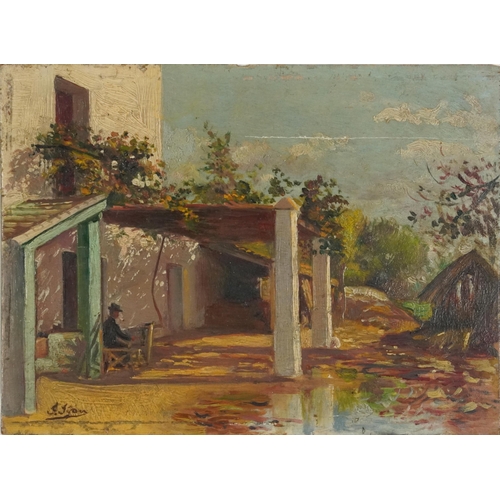 1184 - Gentleman smoking under a canopy, European Impressionist oil on wood panel, indistinctly signed, pos... 