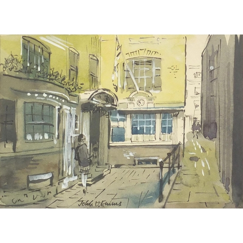 1442A - John V Emms - Exchange Court Strand, London, watercolour, mounted and framed, 15cm x 11cm