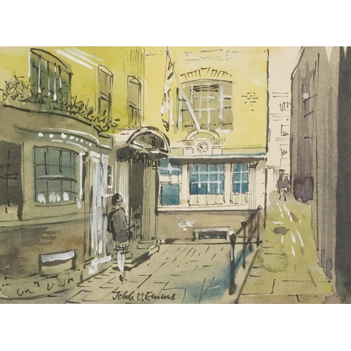 1442A - John V Emms - Exchange Court Strand, London, watercolour, mounted and framed, 15cm x 11cm