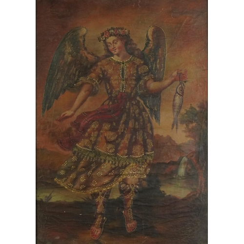 1084 - St Raphael The Archangel, antique Cuzco School oil on canvas, framed and glazed, 66.5cm x 47.5cm, ex... 