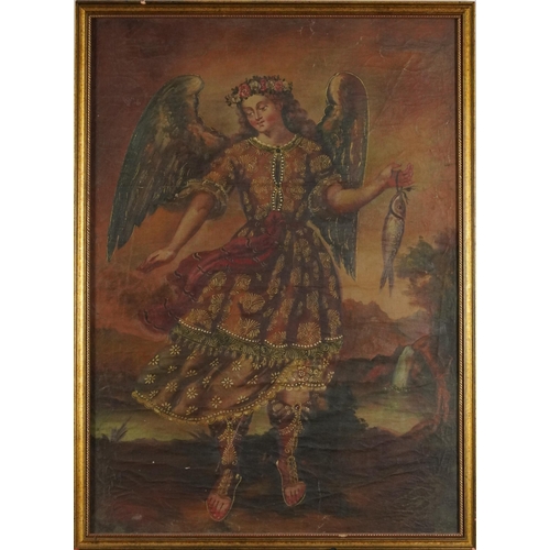 1084 - St Raphael The Archangel, antique Cuzco School oil on canvas, framed and glazed, 66.5cm x 47.5cm, ex... 