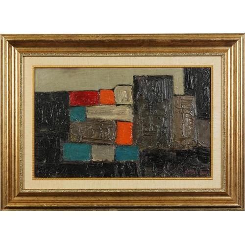 1055 - After Robert Sadler - Abstract composition, geometric shapes, military interest Modern British oil o... 