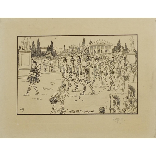 1377A - E V Howell - Pontius Pilates bodyguard, Comical Scottish themed pencil signed print, unframed, 35cm ... 