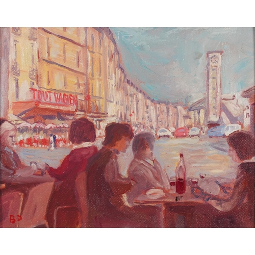 1263A - French street scene, Camden school oil on canvas board, framed, 24.5cm x 19.5cm excluding the frame