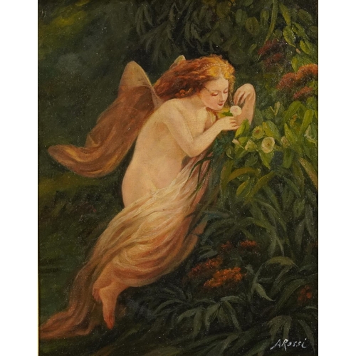 1184A - After Alexander Rossi - Female with flower, Pre-Raphaelite school oil on canvas board, mounted and f... 