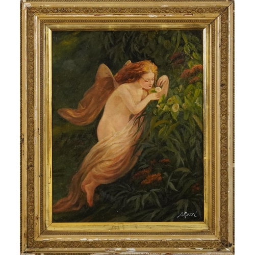 1184A - After Alexander Rossi - Female with flower, Pre-Raphaelite school oil on canvas board, mounted and f... 