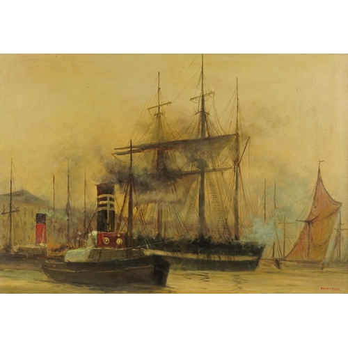 1118 - Manner of Frank Henry Mason - Boats on water, English school oil on canvas board, mounted and framed... 