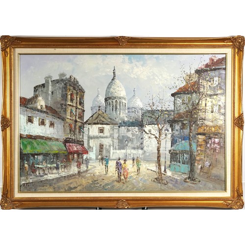 1095 - S Muller - Parisian street scene, oil on canvas, mounted and framed, 91 x 60 cm