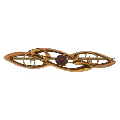 2148 - Victorian 9ct gold garnet bar brooch, 4.6cm wide, 1.8g