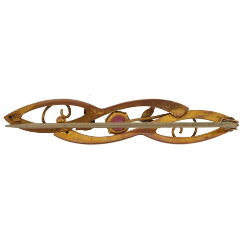 2148 - Victorian 9ct gold garnet bar brooch, 4.6cm wide, 1.8g