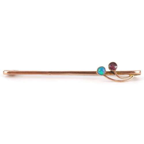 2175 - Edwardian 9ct gold pink tourmaline and cabochon opaline bar brooch, 4.5cm wide, 0.9g