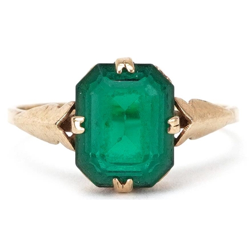 2639 - 9ct gold green stone solitaire ring, the green stone approximately 9.6mm x 8.0mm, size O, 2.0g