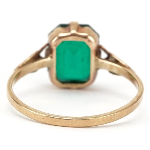 2639 - 9ct gold green stone solitaire ring, the green stone approximately 9.6mm x 8.0mm, size O, 2.0g