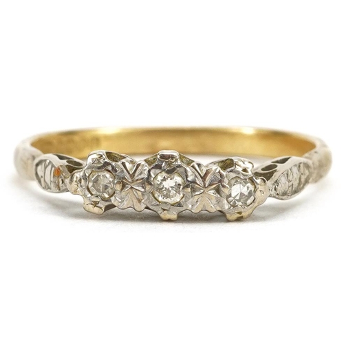 2138 - 18ct gold diamond three stone ring, size P/Q, 2.8g