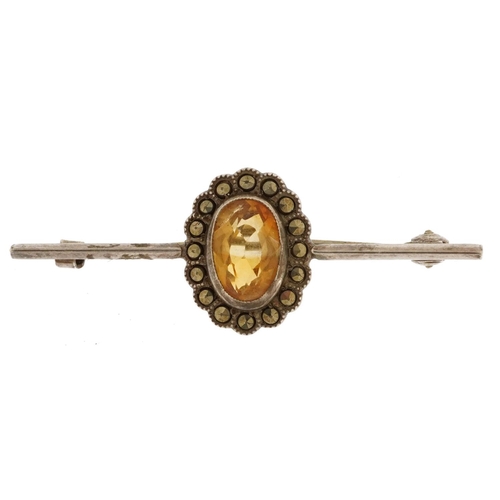 2151 - Unmarked silver citrine and marcasite cluster brooch, the citrine approximately 9.2mm x 5.8mm, 3.5g