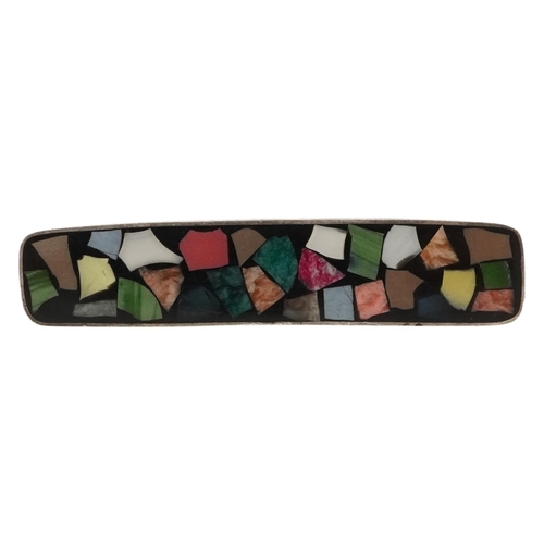 2116 - Vintage unmarked silver Israeli Reuven mosaic bar brooch, 4.5cm wide, 4.5g