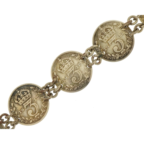 2623 - George V threepence coin bracelet with various dates including 1915, 1916 and 1937, 14.6g