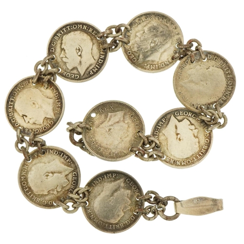 2623 - George V threepence coin bracelet with various dates including 1915, 1916 and 1937, 14.6g