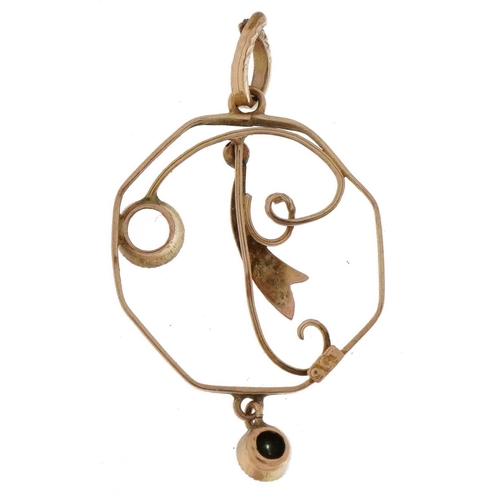 2297 - Edwardian 9ct gold openwork drop pendant, 3.0cm high, 0.8g