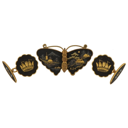 2266 - Japanese damascene inlaid butterfly brooch and a similar pair of scalloped cufflinks, each marked K2... 