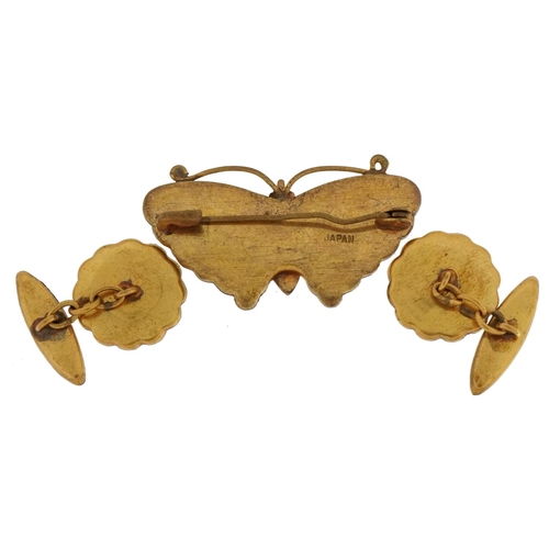 2266 - Japanese damascene inlaid butterfly brooch and a similar pair of scalloped cufflinks, each marked K2... 