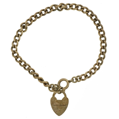 2586 - Silver curb link bracelet with love heart padlock, 18.5cm in length, 10.7g