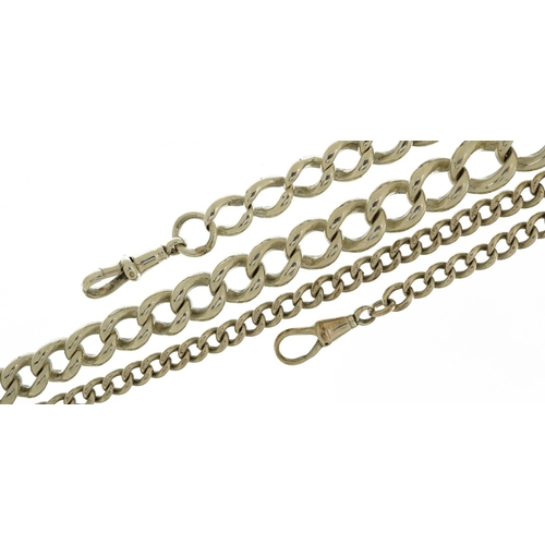 2625 - Two silver watch chains including a heavy graduated example, the largest 45cm in length, total 111.2... 