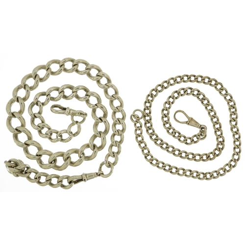 2625 - Two silver watch chains including a heavy graduated example, the largest 45cm in length, total 111.2... 