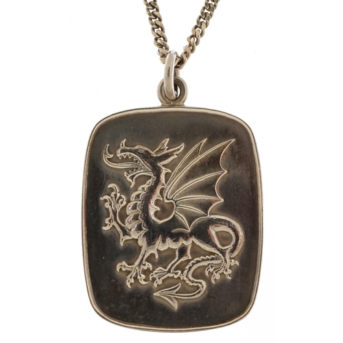 2458 - Silver Welsh dragon pendant on a silver necklace, 4cm high and 40cm in length, 28.8g