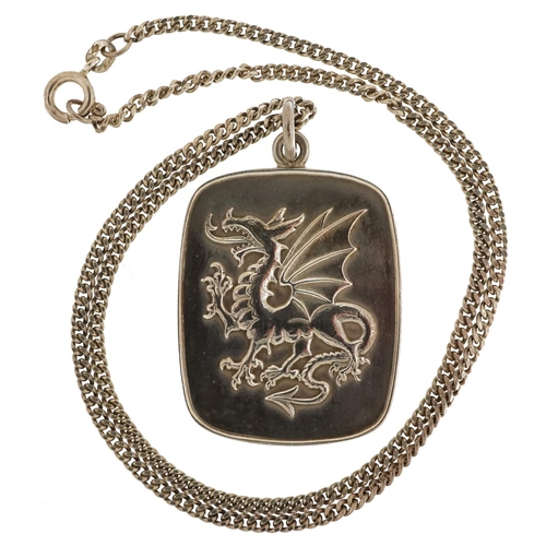 2458 - Silver Welsh dragon pendant on a silver necklace, 4cm high and 40cm in length, 28.8g