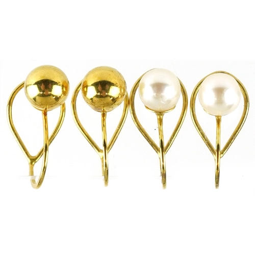 2476 - Two pairs of 9ct gold clip on earrings including one pair set with cultured pearls, each 13mm high, ... 