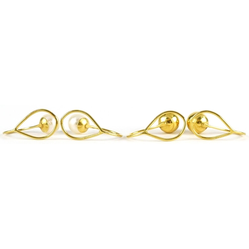 2476 - Two pairs of 9ct gold clip on earrings including one pair set with cultured pearls, each 13mm high, ... 