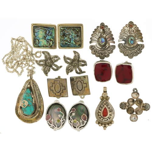 2587 - Silver and white metal jewellery including marcasite and abalone earrings and pendants, total weight... 