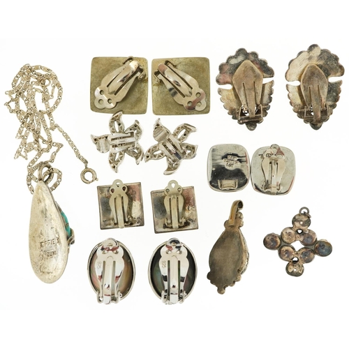 2587 - Silver and white metal jewellery including marcasite and abalone earrings and pendants, total weight... 