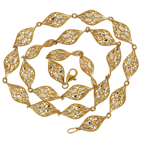 2217 - 9ct two tone gold pierced twisted design necklace, 46cm in length, 12.9g