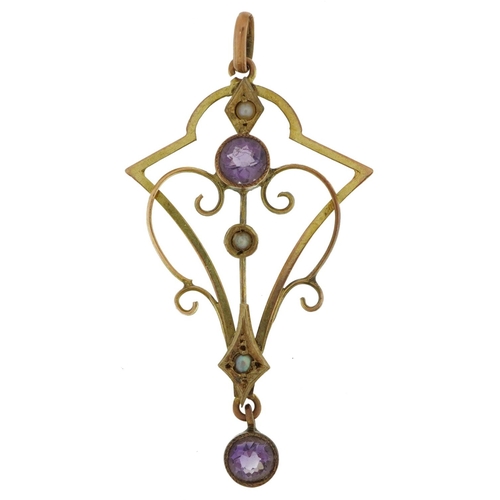 2686 - Edwardian 9ct gold amethyst and seed pearl openwork pendant, 3.4cm high, 1.2g