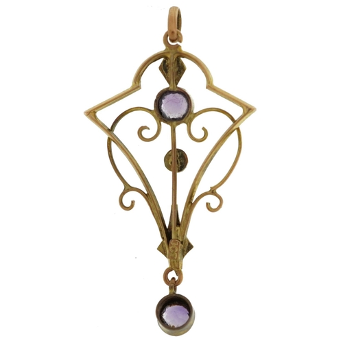 2686 - Edwardian 9ct gold amethyst and seed pearl openwork pendant, 3.4cm high, 1.2g