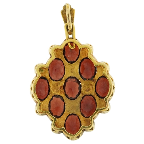 2167 - 14ct gold garnet and seed pearl cluster pendant, 3.8cm high, 6.8g