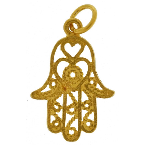 2514 - Islamic unmarked gold pierced pendant in the form of Hand of Fatima, tests as 18ct gold, 2.2cm high,... 