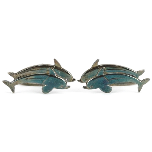 2037 - Arno Malinowski for Georg Jensen, pair of mid century Danish 925S silver dolphin cufflinks with box,... 