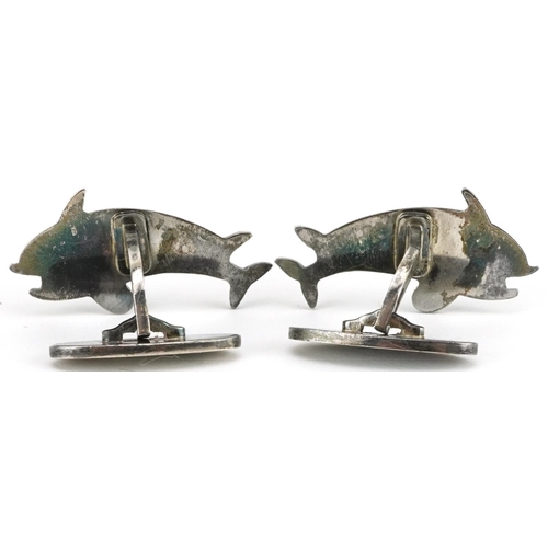 2037 - Arno Malinowski for Georg Jensen, pair of mid century Danish 925S silver dolphin cufflinks with box,... 